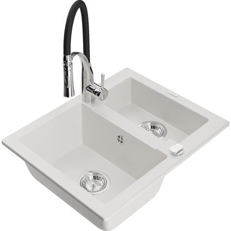 Mexen Carlos fregadero de granito de 1,5 cuencas con grifo de cocina Aster, blanco - 6518-20-73450-07 (1/5)