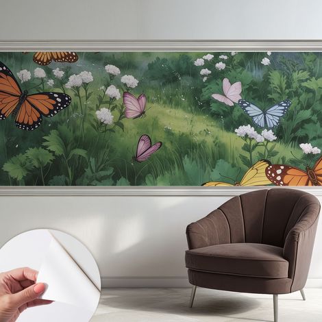 Papier peint autocollant avec imprimé décoratif pour salon et chambre à coucher Installation facile Papillons dans la prairie 250x104 cm (1/5)