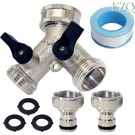Raccord de Robinet Jardin 2 Voies avec Soupapes de Contrôle, en Laiton, Kit Complet Incluant 3 Joints en Caoutchouc, 2 Adaptateurs et Ruban PTFE - KZQ (1/5)