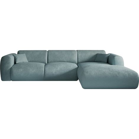 Vente-Unique – Canapé d'angle droit 5 places en velours côtelé bleu – Méridienne spacieuse – Garnissage haute résilience – Fabriqué en Europe (1/5)