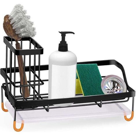 Organisateur évier,Rangement Evier Cuisine Support Brosse Éponge Organiseur pour à Poser Acier Inoxydable,Noir (1/5)