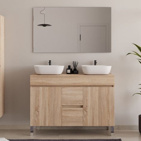 Meuble de salle de bain 120cm sur pieds avec plateau et deux cuves à poser arrondies - portes et tiroirs - cambrian (chêne clair) - HARO (1/5)