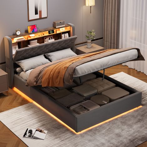 Lit coffre 140x200 cm rembourré en velours, lit adulte double, avec LED et prises, tête de lit pliable avec rangement, sommier en bois, gris (1/5)