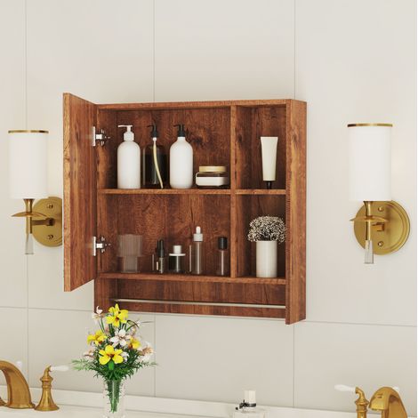 Mobile bagno da parete in MDF color noce con specchio e ripiani aperti (1/5)