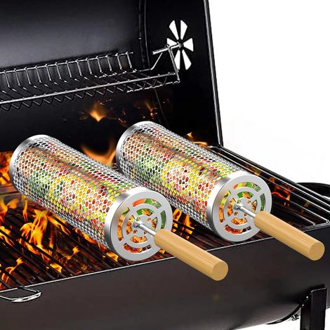 Lot de 2 paniers à griller à roulettes avec poignée (24 x 10 cm) - Accessoires de grillade emboîtables, paniers à griller pour le barbecue et le camping, légumes (1/5)
