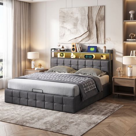 Superaly - Lit Hydraulique 140x200 cm – Tête de Lit Rembourrée avec Cloison de Rangement – éclairage LED - Port USB – Sommier à Lattes – Convient aux Chambres d'enfants et d'adolescents - Lin Gris (1/5)
