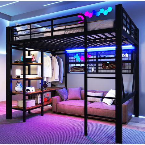 Cama alta de metal y MDF negra 140x200 cm con LED, estante, red colgante y espacio abierto inferior (1/5)