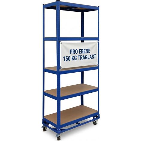 Relaxdays Schwerlastregal auf Rollen, HxBxT: 191 x 90 x 45 cm, 750 kg, 5 Böden, Stahl, Stecksystem, Lagerregal, blau (1/5)