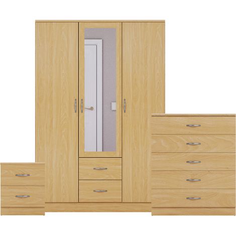 Riano 3 Piece Bedroom Set (2 Drw Bedside Chest, 5 Drw Chest, 3 Door 2 Drw Mirrored Wardrobe), Pine (1/3)
