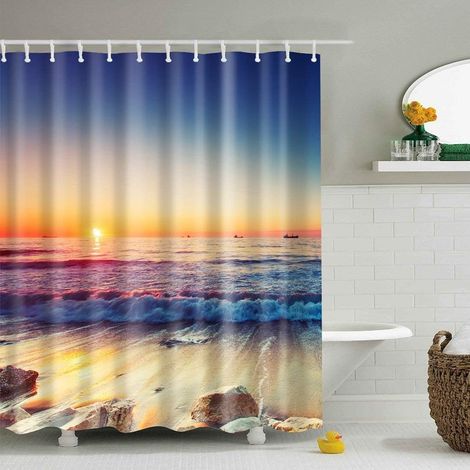Rideau de douche coloré en polyester et textile - Anti-moisissure - Imperméable - 180 x 200 cm (l x h) - Plage (1/5)