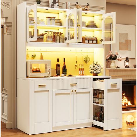 Hochküchenschrank 120cm mit RGB-LED, App-Steuerung, 3 Glasvitrinen, Schubkästen & beidseitigen Roll-Ablagen, Weiß/Schwarz (1/5)