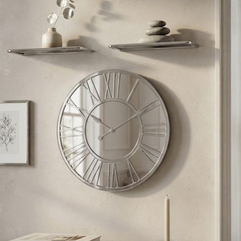 Roman Numeral Silver Mirror Wall Clock (1/2)
