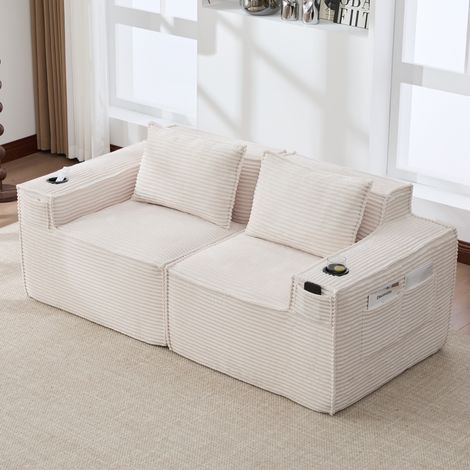 Sofá modular 188/90/75 cm de pana beige con portavasos y bolsillos laterales (1/5)