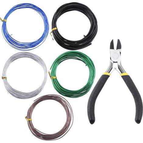 Lot de 5 rouleaux de fil pour bonsaï, 2 mm, 3 mm, 0,8 mm, 1 mm, 1,5 mm, en aluminium, pour bonsaï, entraînement, branches d'arbre avec coupe-fil, 82 pieds, en aluminium anodisé pour maintenir (1/5)