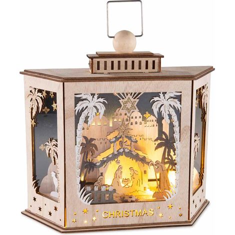 Lanterne crèche en bois sculpté avec éclairage LED, 26 x 8,5 x H. 24 cm