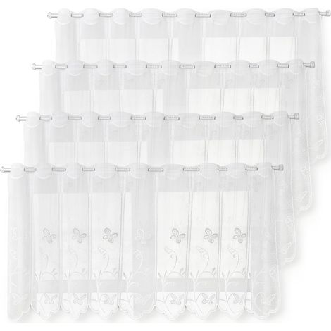 Sollbry 4 Pièces Rideau Brise-Bise,130x45cm Blanc Dentelle Rideaux Courts avec Broderie Florale,Semi-Transparents Rideaux Cuisine,Moderne Brise Bise Voilage (1/5)