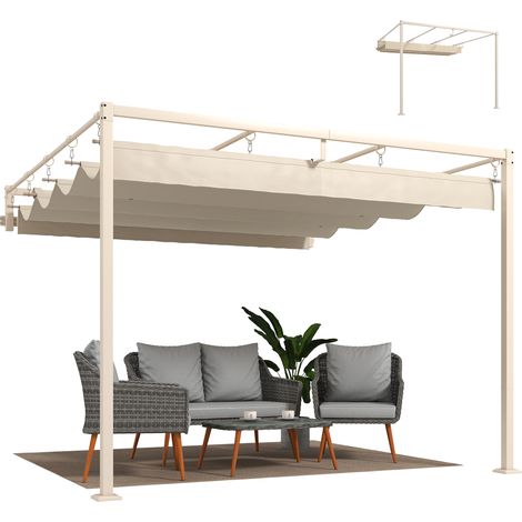 Pergola addossata 3x3 m con tetto scorrevole retrattile UV30+ e fori di drenaggio, beige