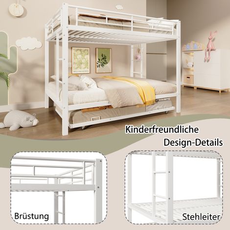 140200cm Etagenbett, Eisenrahmenbett, Kinderbett, ausgestattet mit Ausziehbett, hohe Geländer,ohne Matratze, Weiß (1/5)