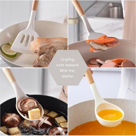 Ustensiles De Cuisine - Silicone Alimentaire Et Manche En Bois - Résistant À La Chaleur Jusqu'à 210 °C - Pour Cuisinières Et Pâtissières - Lot De 12 Pièces Avec Porte-Ustensiles (1/5)