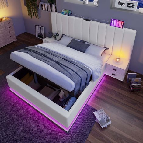 Lit coffre 160x200 LED app USB-C en PU blanc HAVRYA (1/5)
