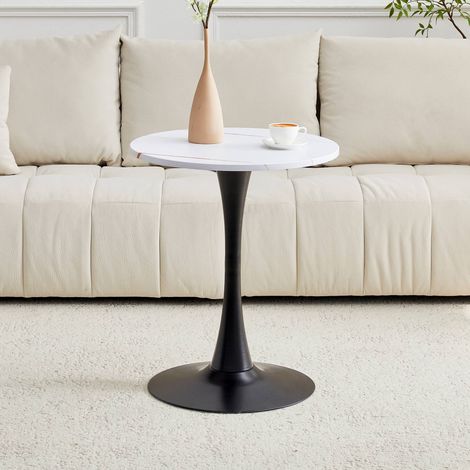 Table ronde d’appoint 60 cm effet marbre blanc, petit bureau repas en MDF avec pied noir en métal, table basse moderne style Mid-Century pour salon (1/5)