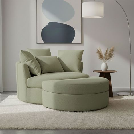 Fauteuil rond loveuse pivotante + coffre en tissu texturé kaki