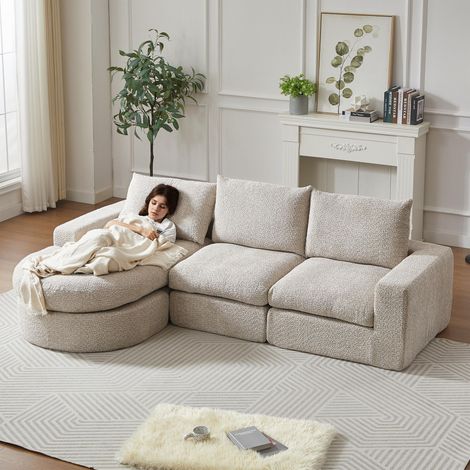 Canapé en chenille avec éléments incurvés et méridienne, entièrement compressé et sans structure, canapé d'angle modulable avec méridienne en L, canapé en mousse compressée, aucun assemblage requis (1/5)