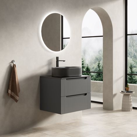 Meuble vasque suspendu 60 cm avec vasque ovale noire, plan en pierre frittée, gris foncé (1/5)