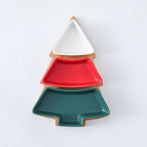 Christmas tree shaped dessert plate set, removable porcelain plate and bamboo tray, potato dipping plate for Christmas table and decoration (1/5)