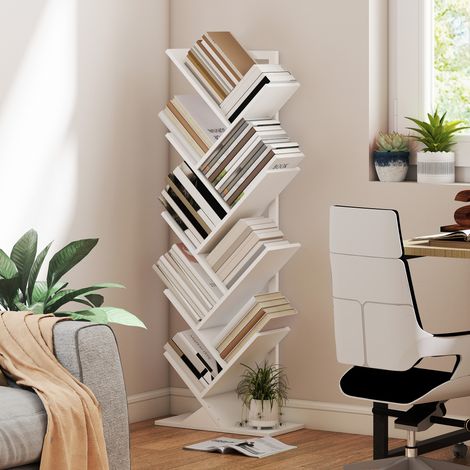 Baumförmiges Bücherregal mit 9 Ablagen und Kippsicherung für Wohn- oder Schlafzimmer, 50 x 24 x 136 cm, weiß