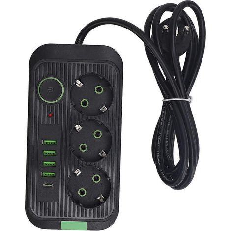 Europäische Steckdosenleiste mit 3 Steckdosen, 4 USB-Anschlüssen und 1 Typ-C-Anschluss, Wandmontage, 2 m Kabel