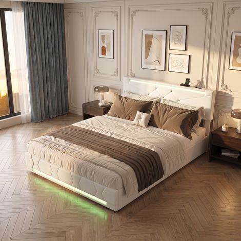 Lit coffre 140x190 cm avec éclairage LED, rangement hydraulique et tête de lit capitonnée réglable – Style contemporain – Beige (1/5)