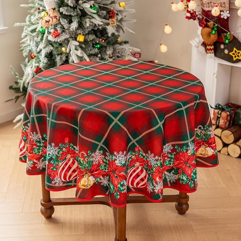 Mantel redondo navideño, mantel a cuadros de invierno, mantel resistente a las manchas, ideal para decorar tu cena de Navidad, 150 x 150 cm (1/5)