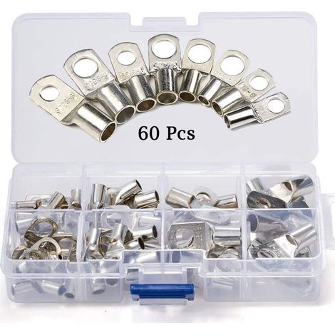 60 Pièces Trou de Boulon en Cuivre ÉTamÉ, Cosses Câble Anneau de La Batterie et Anneau à Sertir Bornes de Batterie, Type de Sertissage PressÉ à Froid de QualitÉ Marine (Argent)