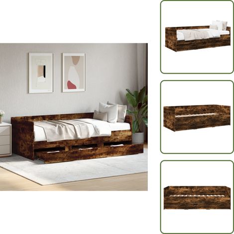 Lit de jour avec tiroirs sans matelas chêne fumé 90x200 cm - Lit Deux Places - Canapé Lit - Meuble Multifonction - Rangements Intégrés - Tiroir Coulissant