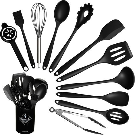 Set Ustensile Cuisine 12 Pièces en Silicone Alimentaire, Ustensiles de Cuisine sans BPA, Lavable au Lave-Vaisselle, Noir (1/5)