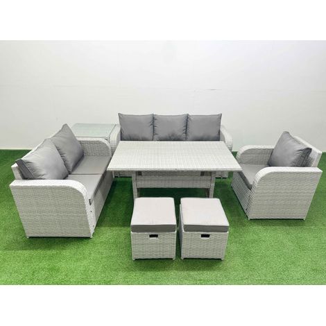 Fimous Patio PE Wicker 8 Seater Outdoor Rattan Furniture Sofa Sets with Rectangular Dining Table Reclining Chair Loveseat Sofa 3 Seater Sofa Stool Side Table Light Grey (1/4)