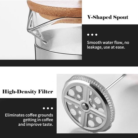 Cafetera de émbolo de 590 ml con mango de madera y filtro de vidrio de borosilicato de alta densidad resistente al calor para té y café. (1/3)