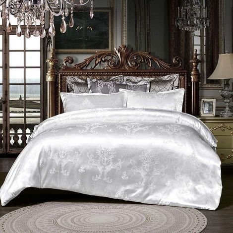Ensemble de literie Jacquard Satin 220x240 cm Blanc Fleurs Housse de couette réversible 3 pièces
