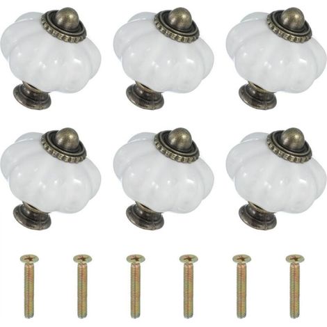 Sechs weiße Keramikknöpfe, je 3,3 x 3,3 x 3,8 cm groß, mit Schrauben. Kürbisförmige Keramik-Schubladenknöpfe und -griffe.