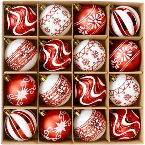 Ensemble de 16 pièces, 6 cm, boules de Noël en plastique peintes en rouge et blanc, décorations de sapin de Noël à motif flocon de neige (1/4)