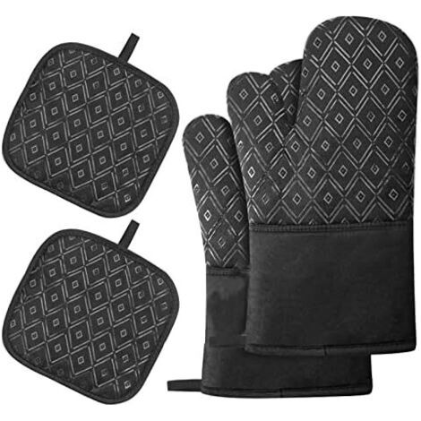 QORVA-Lot de 4 maniques de cuisine - 2 gants de cuisine antidérapants et 2 sets de table individuels, gants de cuisine antidérapants en silicone pour la cuisine, la pâtisserie et les grillades (noir) (1/3)
