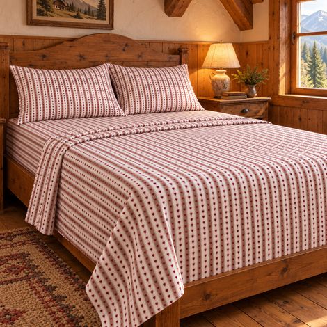 Completo Lenzuola Cuoricini in Flanella 100% Cotone – Cuori Bordeaux e Righe Tortora, Anti-Pilling, Made in Italy 1 piazza e mezza (1/5)