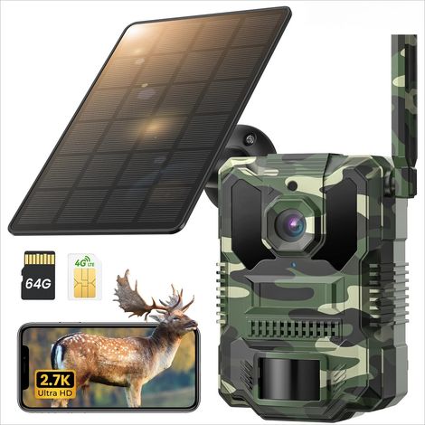 Caméra de Chasse 4G 4MP Solaire avec Carte SIM et Carte Micro SD 64 Go Incluse, Caméra Piège Photo Extérieure, Détection de Mouvement, Vision Nocturne, Étanche (1/5)