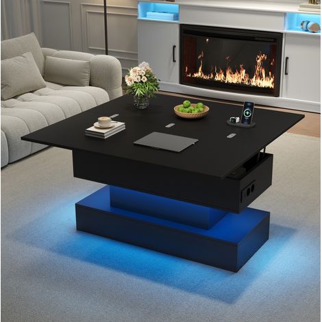Table basse relevable 100x50x51,5 cm avec LED, prise intégrée, rangement et hauteur réglable, noir (1/5)