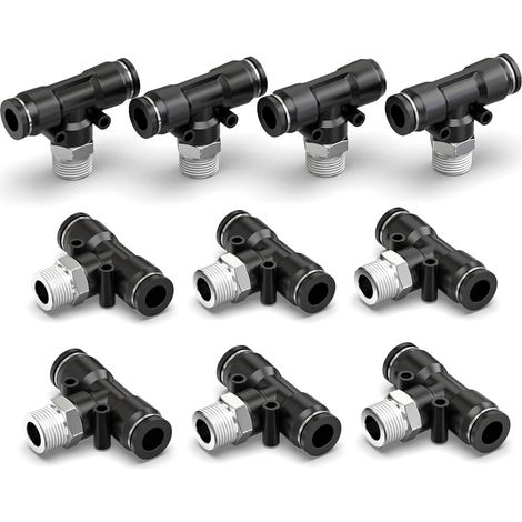 10 pièces Té de dérivation femelle noir 6 mm de diamètre extérieur x filetage BSP 3/8" Raccords rapides pneumatiques à connexion par pression Verrouillage par pression (1/5)