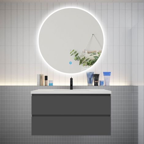 Ensemble meuble vasque L.99cm 2 tiroirs + lavabo + LED miroir rond 100cm,anthracite,easy (1/5)
