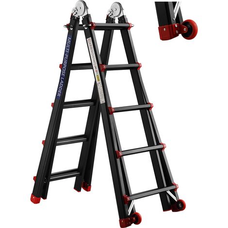 STANEW Scala in alluminio Scala Multiuso 5,10 m 5x5 Pioli Scala Telescopica con ruote Multifunzionale Pieghevole Singola Fissa Scala scorrevole Scaletta e Bifacciale (5,10 m / 5x5 pioli Nero/Rosso) (1/5)