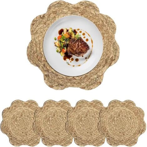 Lot de 4 sets de table ronds en herbe tressée, 30 cm, style bohème ferme, bord festonné. Décor rustique pour salle à manger - Marron (1/5)