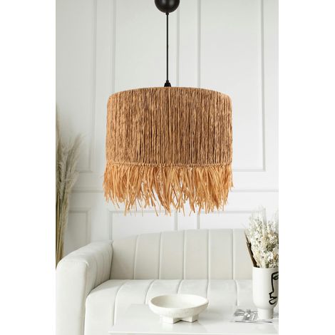 Lustre en chêne avec hauteur réglable 30-85 cm, corps en plastique et capuchon en jute, diamètre 40 cm, ampoule E27 max. 40 W, éclairage pour les espaces modernes (1/3)